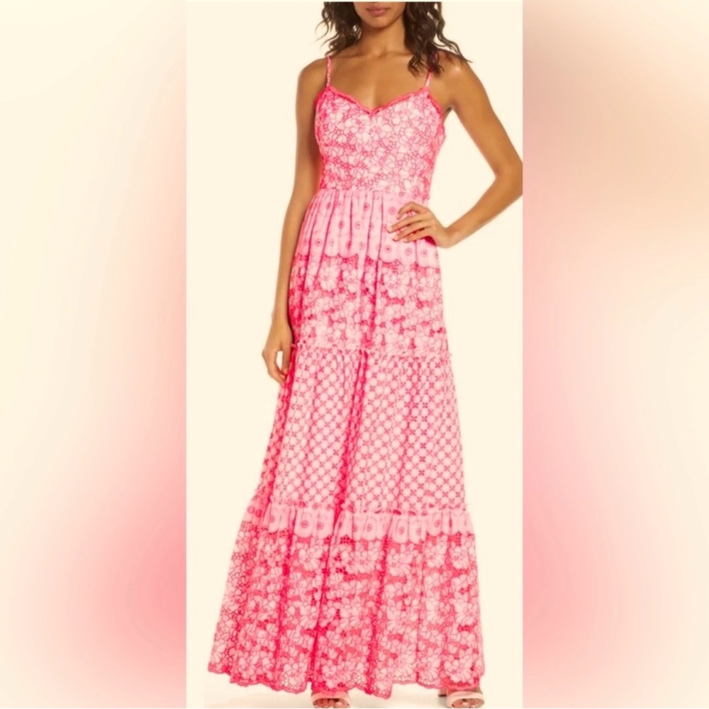 Lilly Pulitzer Kyla Embroidered Eyelet Maxi Dress Pink Tiered Floral Size 4